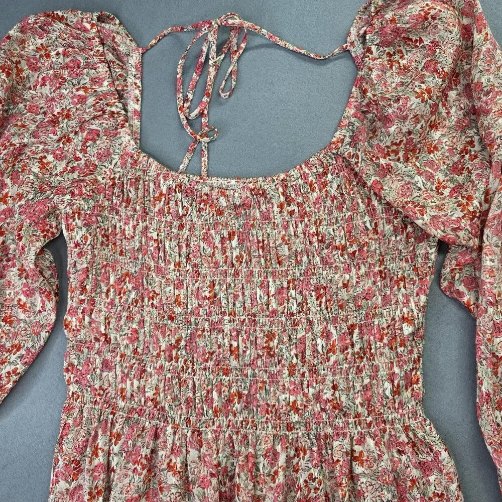LucyParis Top Womens Medium Pink Floral Smocked Puff Sleeve Peplum Boho Festive